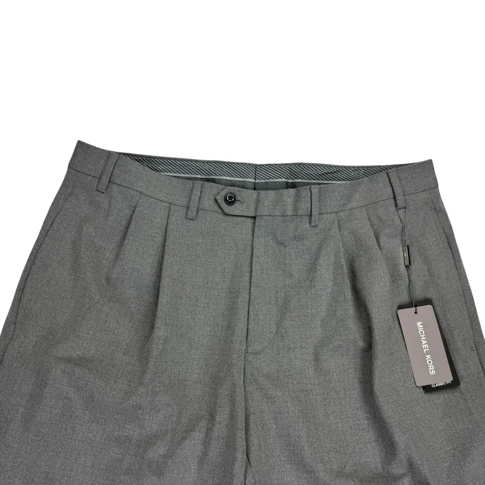 Michael Kors Mens Pleated Cuffed Solid Classic Fit Stretch Pants Gray 36x30